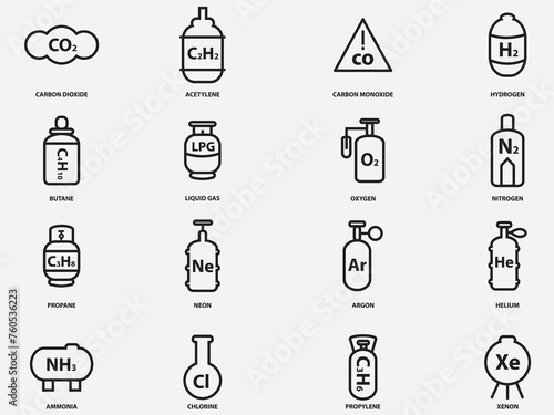 type of industrial gas outline icon sign symbol collection isolated on white backgrouns.Collection of industrial compressed gas cylinders or tanks photo
