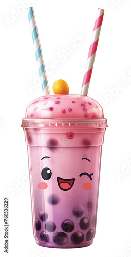 In the picture, there is bubble milk tea with a cute face. Generate AI	