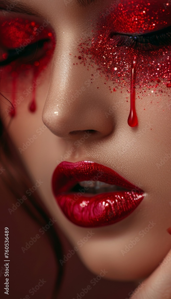 Fototapeta premium Red makeup smudges and drips on model s face, lips, nails glossy lips and metallic skin accents