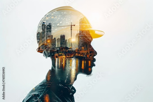 Construction worker overlay with cityscape. A conceptual image blending a construction worker's silhouette with a vivid cityscape, symbolizing urban development and the workforce that builds it