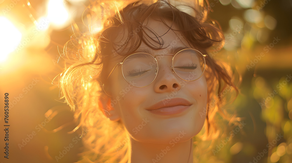 A young woman with glasses smiling gently her eyes closed with soft warm lighting and a blurred background that suggests a peaceful outdoor setting.