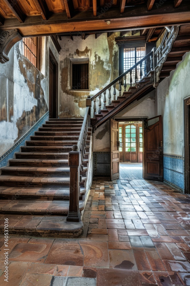The spacious entrance hall of an old Spanish house with a wood staircase, terracotta tiles and a wooden handrail
