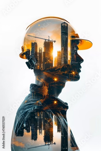 Construction worker overlay with cityscape. A conceptual image blending a construction worker's silhouette with a vivid cityscape, symbolizing urban development and the workforce that builds it