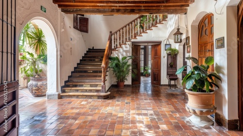 The spacious entrance hall of an old Spanish house with a wood staircase  terracotta tiles and a wooden handrail 