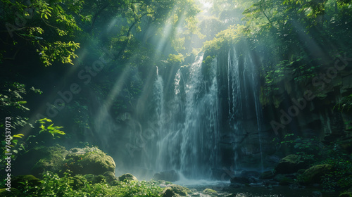 Majestic waterfall cascading over lush cliff amidst vibrant green forest with sunrays piercing through mist photo