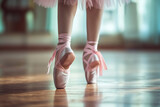 Legs of ballerina girl in cute pink pointe shoes in dance class. Lesson, ballet rehearsal. AI Generative