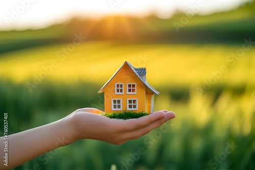 Wooden toy house on palm of hand among green grass and sun. Mortgage concept. Ecological settlements symbol. Eco-friendly house in countryside.
