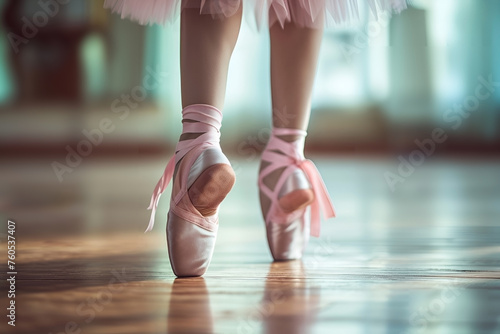 Legs of ballerina girl in cute pink pointe shoes in dance class. Lesson, ballet rehearsal. AI Generative