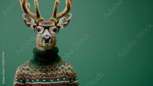 Humanized Stylish deer in woolen sweater and glasses on green background. Advertisement, banner, copy space. Christmas and New Year. Sale, fashion and style concept. AI Generative