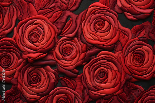 Embroidery red roses pattern  realistic texture. Floral abstract background  for wallpaper and postcards. AI Generative