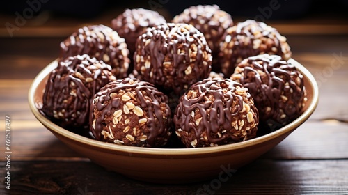 Coconut milk ice cream on top Chocolate brownies stacks, chocolate sauce, Rice Krispies