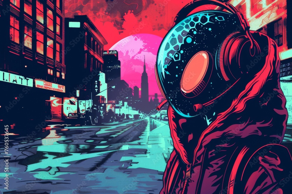 A striking astronaut in a spacesuit stands out against a neon-lit cityscape, exploring an urban world under a pink sky. - obrazy, fototapety, plakaty 