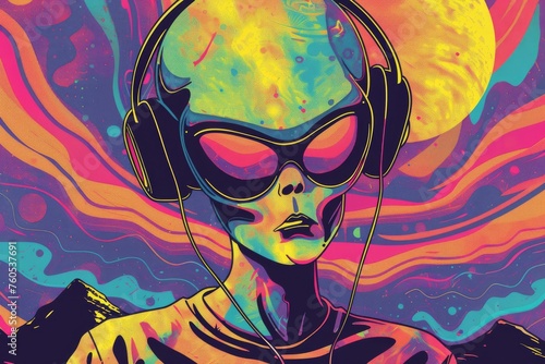 An alien grooves to the beat  headphones on  amid a swirling galaxy of neon colors and psychedelic patterns.