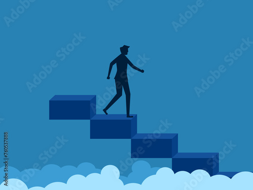 Businessman steps down the stairs after reaching the goal