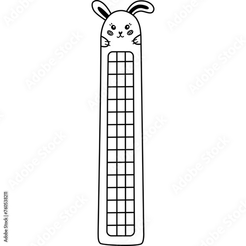 Hand drawn doodle of kawaii bookmark with face of bunny for kids. Stationery for books and reading with rabbit. Bookmark with cute animal. Vector clipart with outline of back to school supply