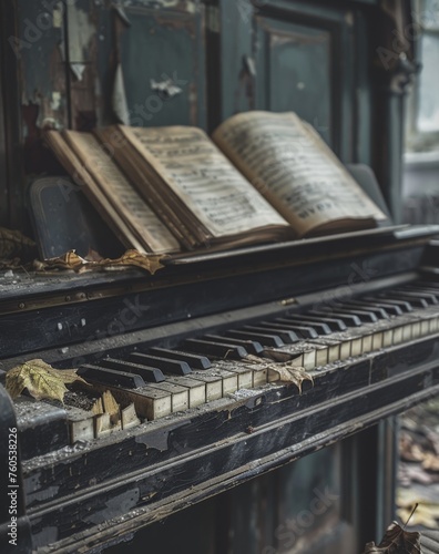 An old piano with broken keys, the music sheets on it have been torn off and thrown away, in an abandoned living room with natural light 