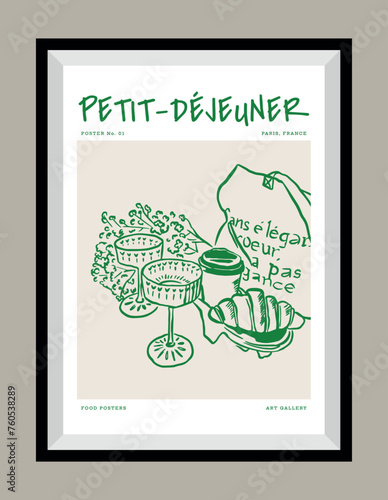 Minimalist hand drawn food and beverages vector print poster in a frame. Art for postcards, branding, logo design, greeting card