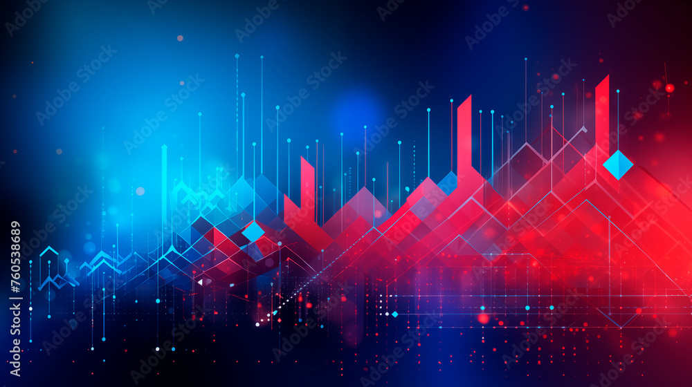 Background with business growth graph, blue and red colors. Abstract image of graphs, geometric shapes, scales of growth and decline. Background for business presentations. Bright stylized background - obrazy, fototapety, plakaty 