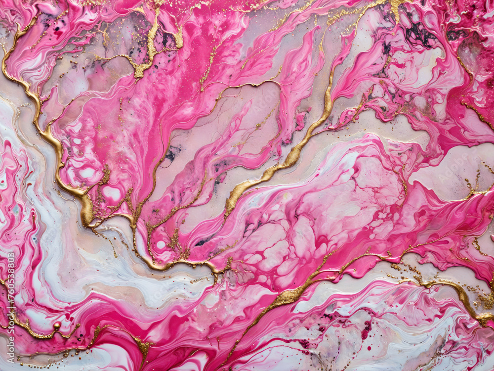 Obraz premium Ink Abstract: Rosy Pink Paint with Watercolor Stone and Liquid Marble Texture, Modern Gold Glitter Pink Design Splash - Design Template, Wallpaper, Background - Artistic Luxury for Creative Projects