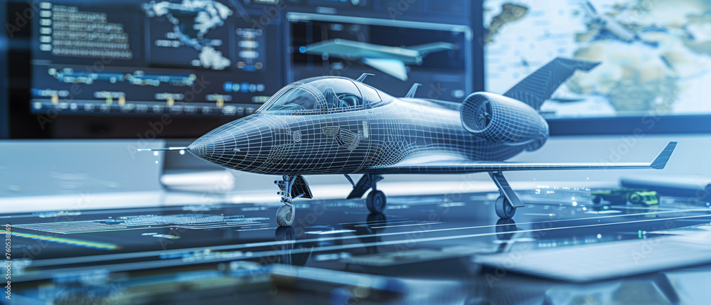 Blueprint of an advanced aircraft on a digital designers workstation crisp Blueprint of an advanced aircraft on a digital designers workstation crisp