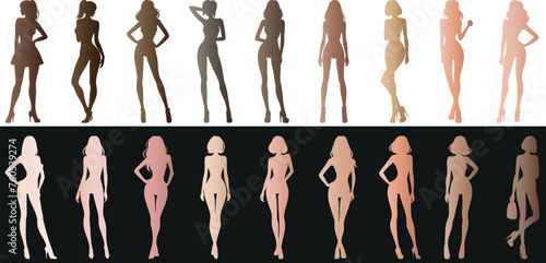 woman silhouette, a set of female silhouette vectors showcasing diverse, stylish poses. Ideal for fashion design, illustrations