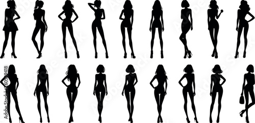 Women silhouette in diverse fashion poses, woman vector illustration. Elegance, style, design themes, black women figures against white, standing positions, variations in posture, arm placement