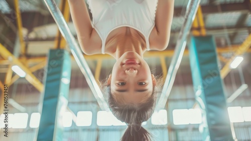 asian female gymnast hanging upside down on the uneven bars in a bright gym 