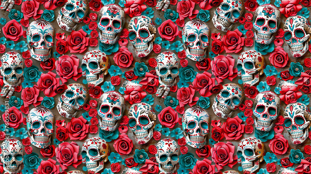 Sugar Skulls and Roses seamless pattern