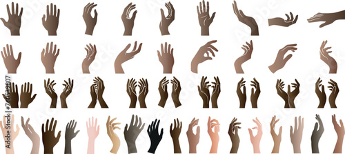 Diverse hand vector, multi ethnic hand gestures collection illustration. Skin tones variety, inclusive visual projects, open hand, closed fist, pointing fingers