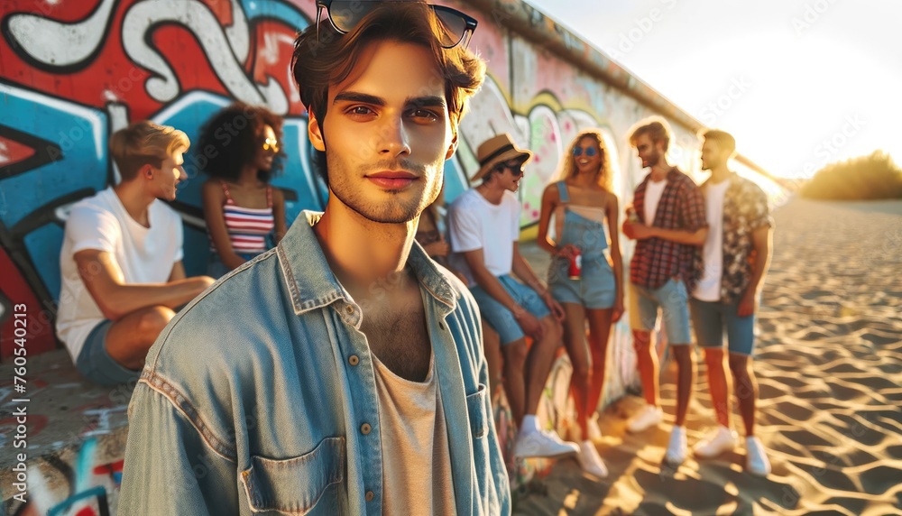Confident young man posing with a casual denim look while his diverse group of friends enjoy time together in the background.