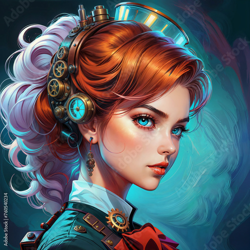 Beautiful steampunk girl with red hair, fantastic portrait. Blue-eyed young woman, illustration in steampunk style.