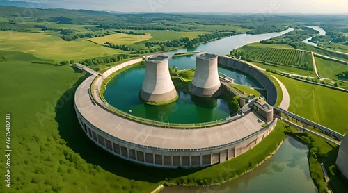 hydroelectric power plant surrounded by green grass, cinematic, aerial drone, wide angle photo
