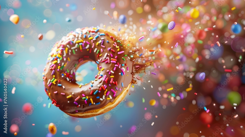 A delicious chocolate donut with vibrant sprinkles caught mid-air, with particles flying around