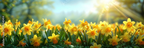 yellow daffodils in the grass with blue sky and sunlight background, yellow flower in field, banner