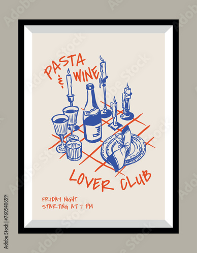 Minimalist hand drawn food and beverages vector print poster in a frame. Matisse style art. Art for postcards, branding, logo design, greeting card
