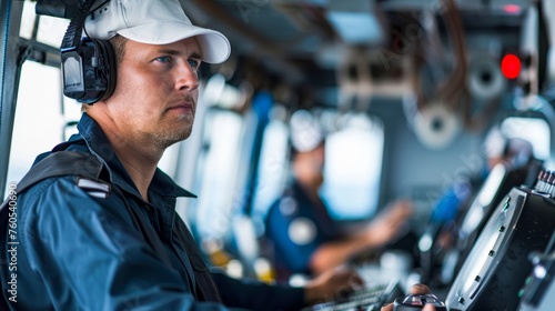 A focused ship captain piloting the vessel using the latest navigation systems aboard a modern bridge