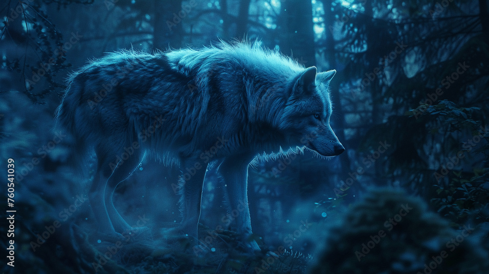 Ethereal wolf in moonlit forest glowing softly - obrazy, fototapety, plakaty 