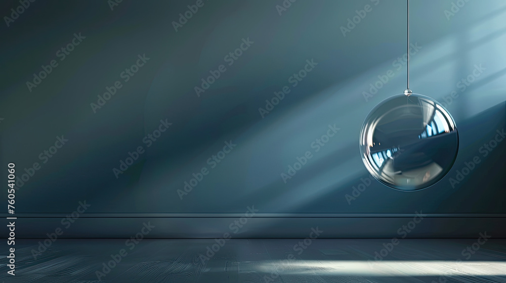 Glass orb suspended in a modern room, changing hues to match the rooms vibe Photography image with a Rembrandt lighting effect, highlighting the balls mystique against the subtle shadows - obrazy, fototapety, plakaty 