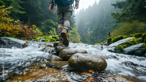 An adventurer crosses a stream using stepping stones amidst a forest under rainfall, showcasing the spirit of exploration and connection with nature