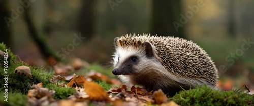 In its natural habitat, a young hedgehog explores its surroundings, its tiny spines glinting in the dappled sunlight filtering through the foliage. With cautious curiosity, it sniffs and scurries amid