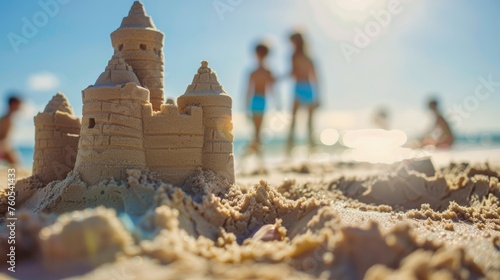 A sandy castle in the foreground with a blurred family enjoying the beach in the background, showcasing vacation and family time
