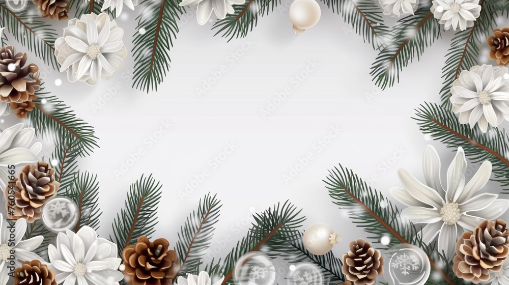 Vector border with white fir branches and with festive decoration elements on transparent background. Christmas tree garland with fir branches, pine cones, and glass:: Vector border with white fir branches and with festive decoration elements on transparent background. Christmas tree garland with fir branches, pine cones, and glass::