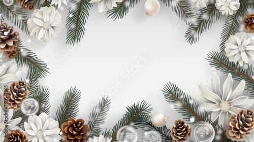 Vector border with white fir branches and with festive decoration elements on transparent background. Christmas tree garland with fir branches, pine cones, and glass::