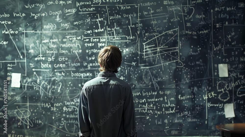 An individual stands in contemplation before an enormous blackboard filled with intricate math equations, symbolizing deep thought and problem solving An individual stands in contemplation before an enormous blackboard filled with intricate math equations, symbolizing deep thought and problem solving