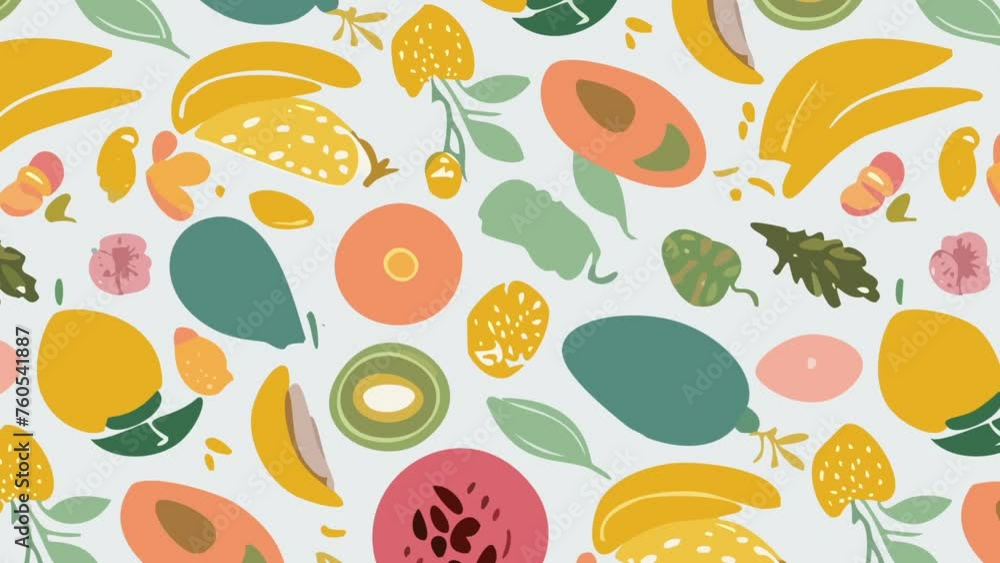 A seamless pattern of fruits and leaves. Loop Background Animation A seamless pattern of fruits and leaves. Loop Background Animation