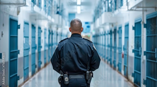 A stern correctional officer stands guard in a prison corridor, representing law enforcement and high security in a correctional facility photo