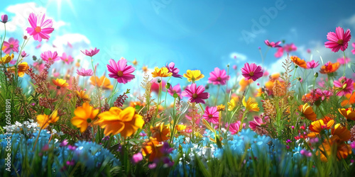 colorful background with colorful Cosmos flower with  clear blue sky background  colorful spring flower  banner