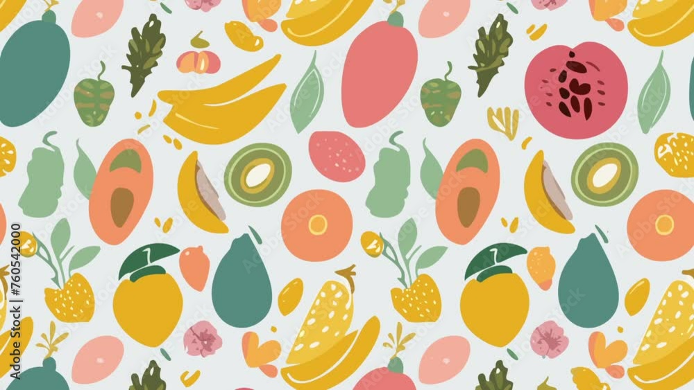 A seamless pattern of fruits and leaves. Loop Background Animation A seamless pattern of fruits and leaves. Loop Background Animation