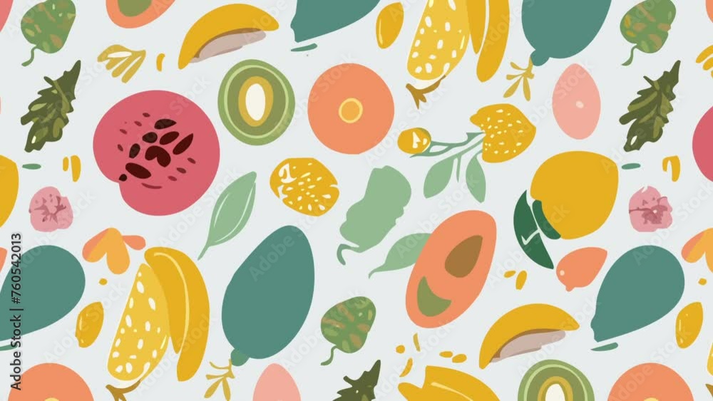 A seamless pattern of fruits and leaves. Loop Background Animation