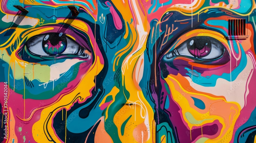 Vibrant graffiti showing two faces melting into one another, reflecting urban art and cultural identity